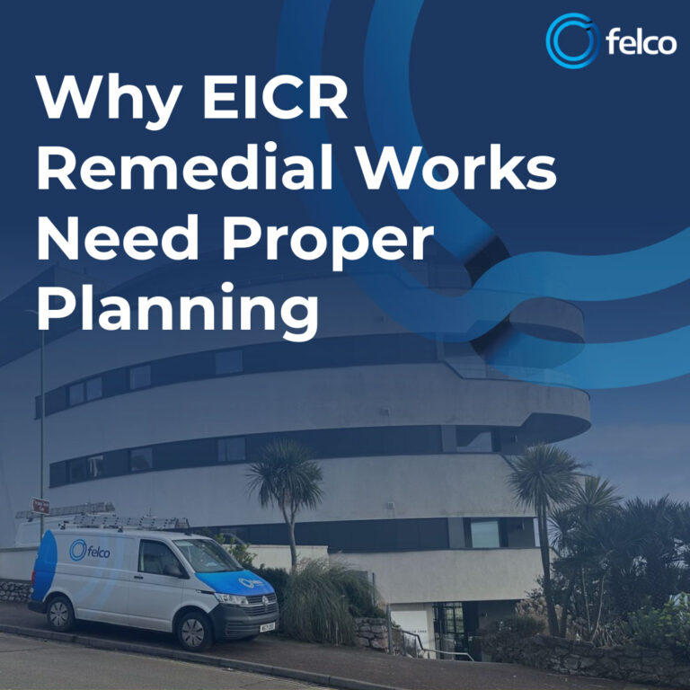 Why EICR Remedial Works Need Proper Planning - FELCO FELCO electrician planning EICR remedial works in a commercial property